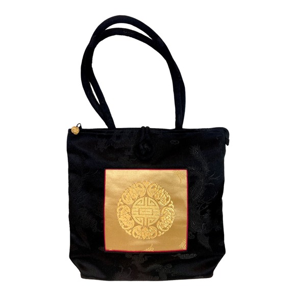Vintage Silk Hand Bag, Shanghai Trio, Black & Gold Brocade - Pristine - Picture 7 of 7